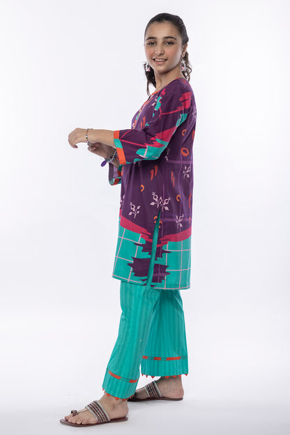 2 Piece Printed Lawn Suit in Dark Purple with Dyed Trouser MAC-015
