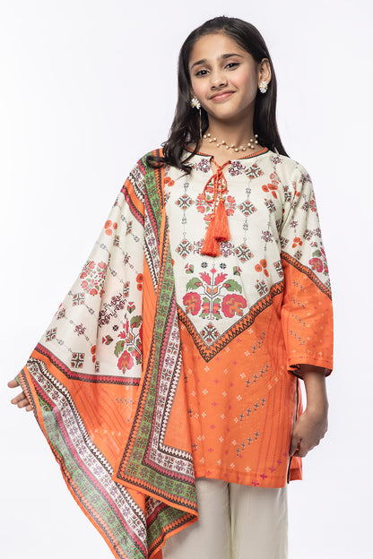 3Pcs Printed Lawn Suit Orange SKU : 3PCS-026