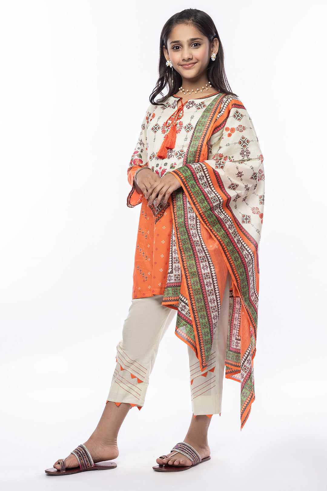 3Pcs Printed Lawn Suit Orange SKU : 3PCS-026