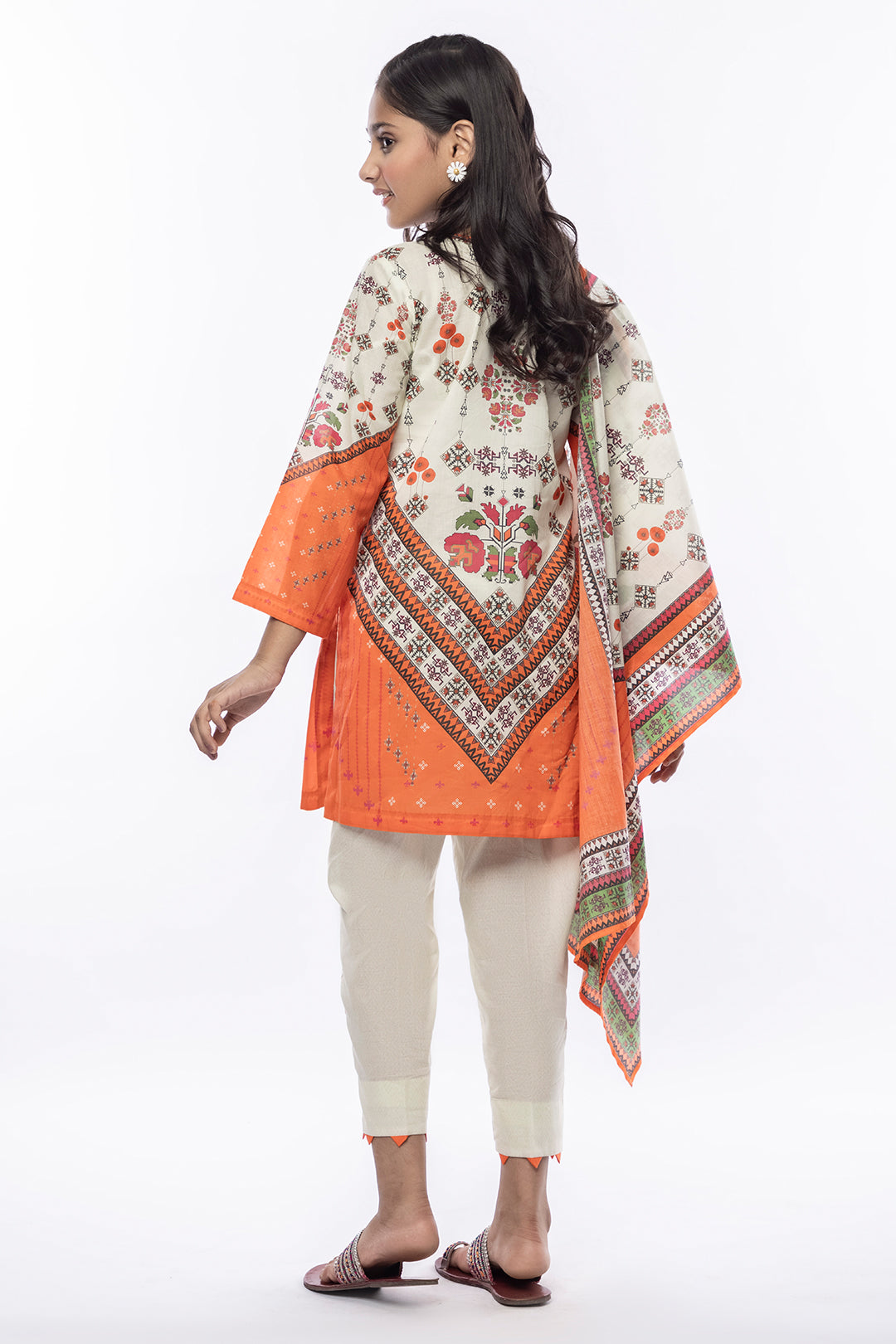 3Pcs Printed Lawn Suit Orange SKU : 3PCS-026