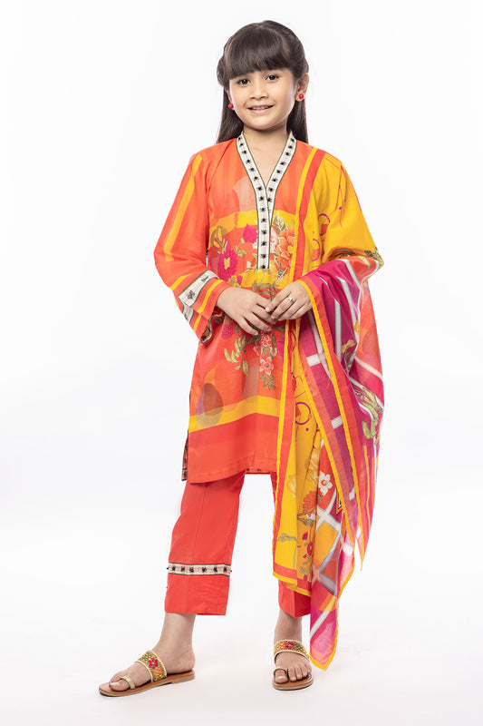 3Pcs Printed Lawn Suit Orange SKU : 3PCS-030